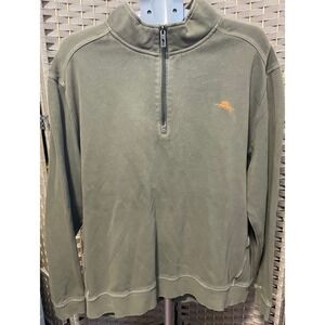 Tommy Bahama Mens XXL Olive Green 1/4 Zip Cotton Pullover Sweatshirt Marlin Logo